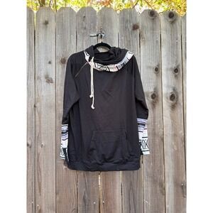 2XL‎ Black Pullover Hoodie Southwestern Print Sleeves Thumb Hole Sweatshirt